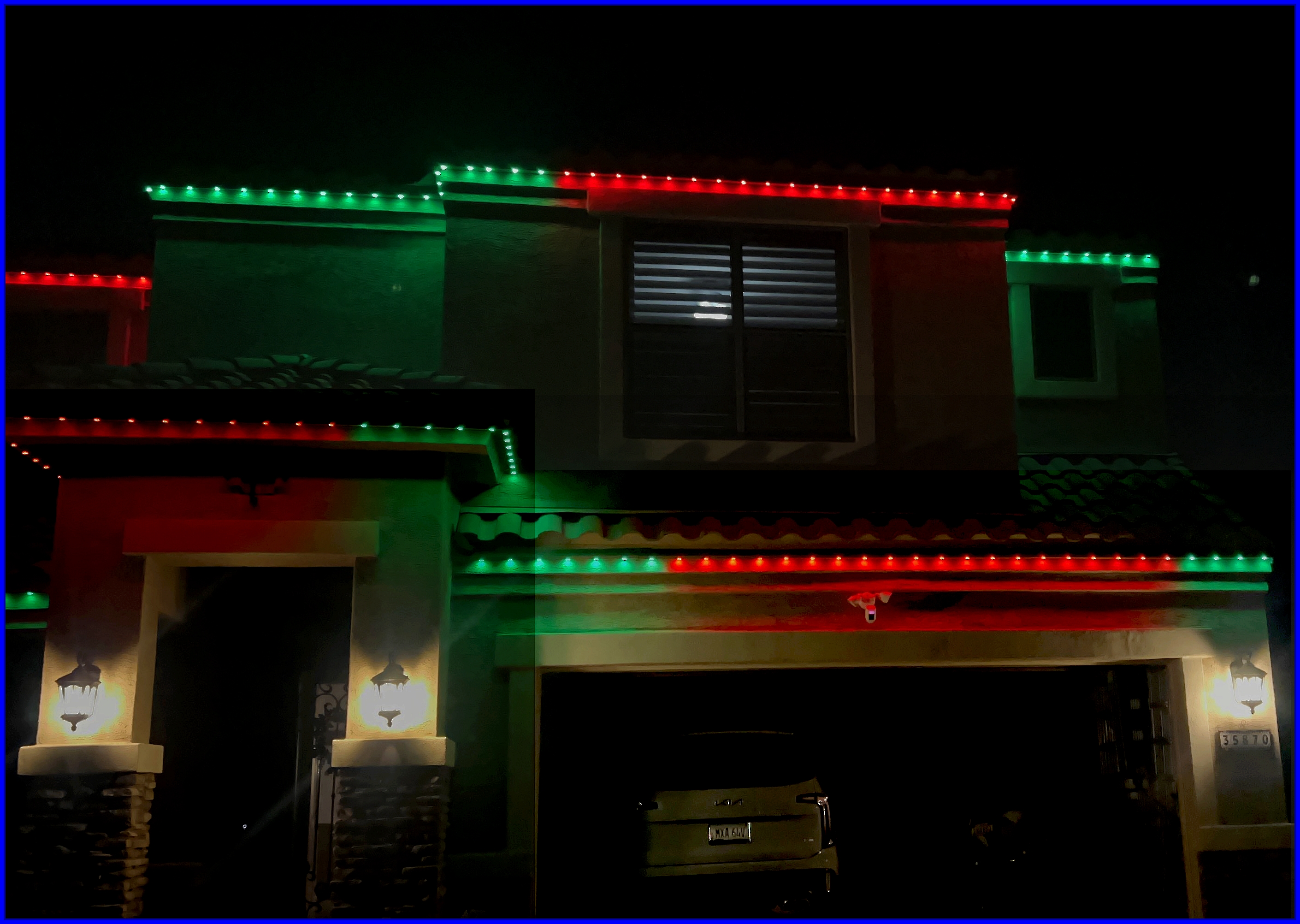 Close-up of red and green roofline lighting