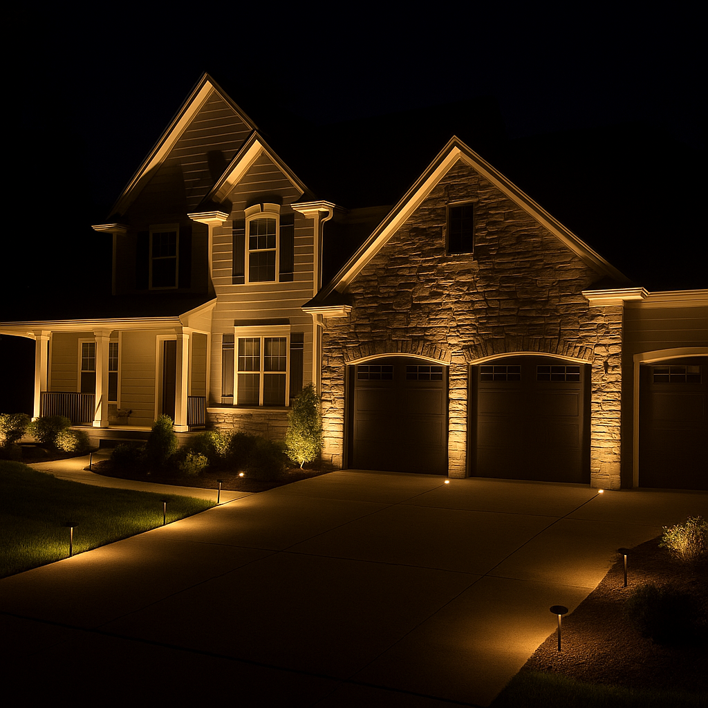 Landscape lighting on a home exterior